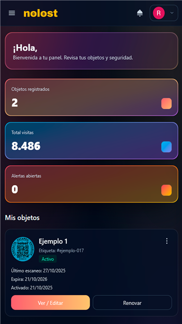 Panel de Nolost para gestionar objetos protegidos